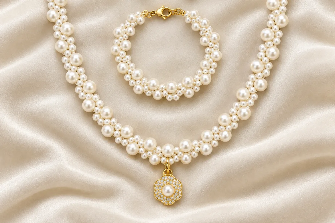 Parure perles blanches — détail