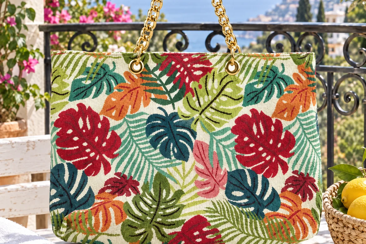 Sac de plage en tissu jacquard à chaîne dorée — détail