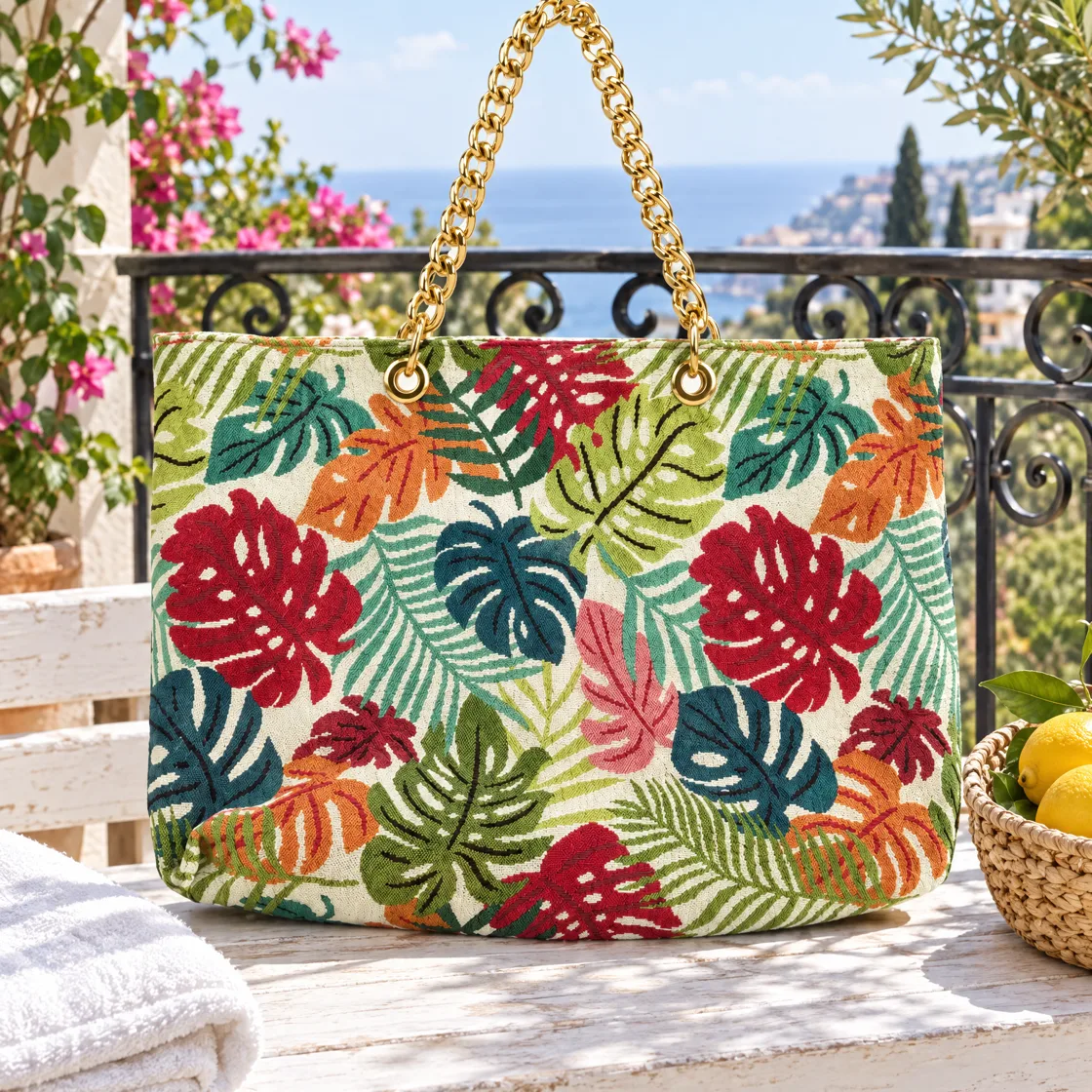 Sac de plage en tissu jacquard à chaîne dorée — mise en valeur