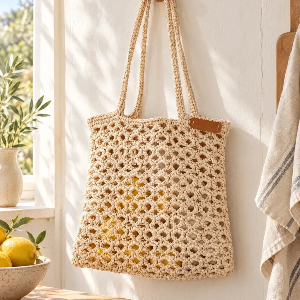 Open-weave crochet tote — still life