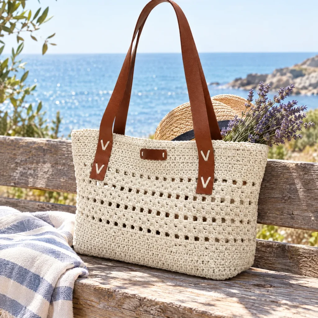 Open-weave crochet tote with leather handles — still life