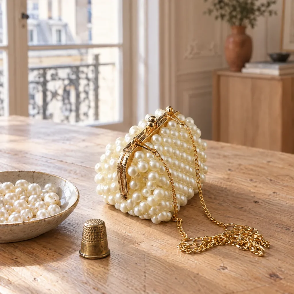 White beaded bag — still life