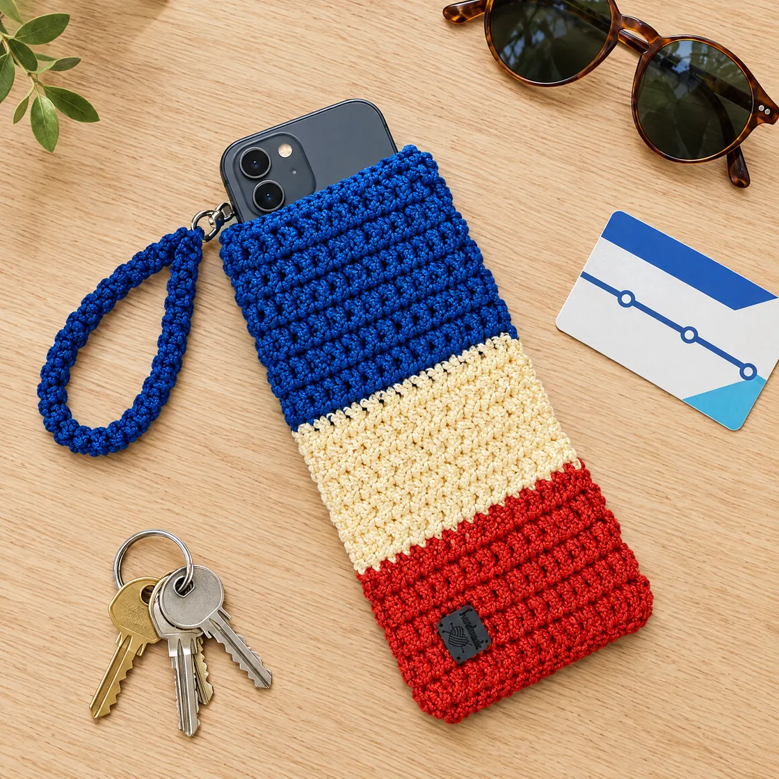 Pochette téléphone au crochet à dragonne — mise en valeur