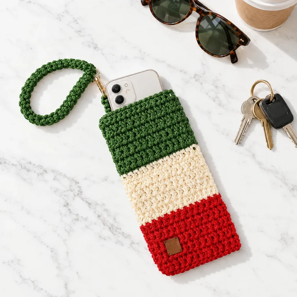 Crochet phone pouch with wrist strap — still life