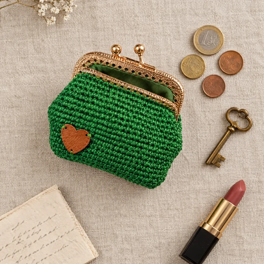 Crochet coin purse with gold-tone clasp — still life
