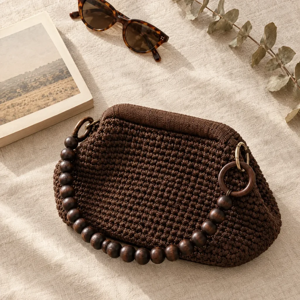 Crochet clutch bag with wooden bead handle — still life