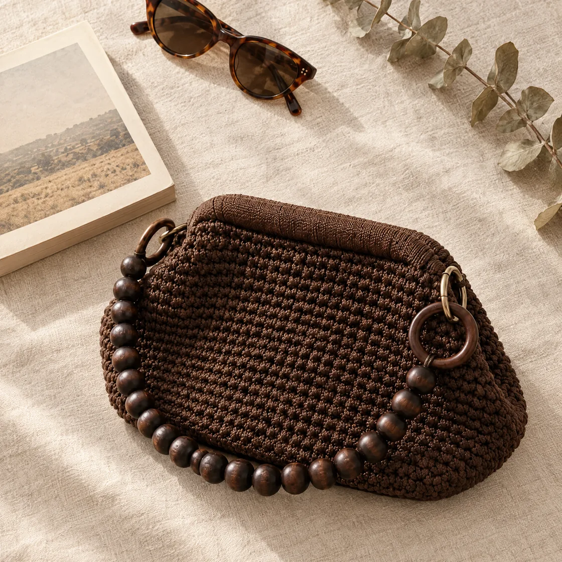 Sac pochette au crochet, anse de perles de bois — mise en valeur