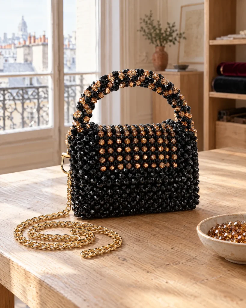 Black & amber beaded bag — still life