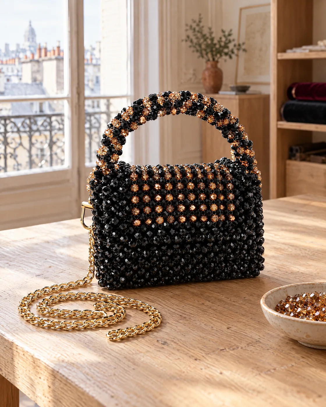 Sac perlé noir & ambre — mise en valeur