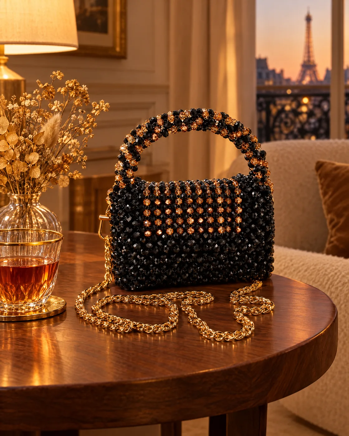 Sac perlé noir & ambre — en situation