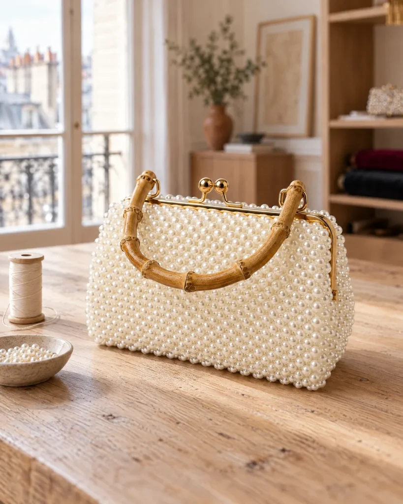 White beaded bag — still life