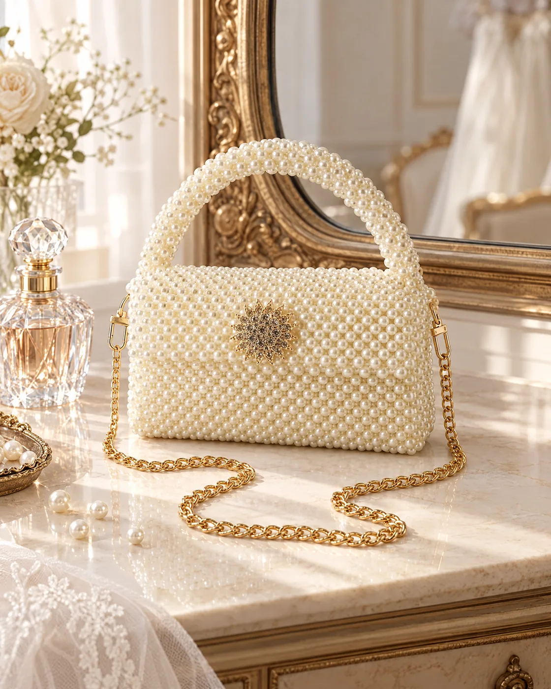 Sac en perles blanches — en situation