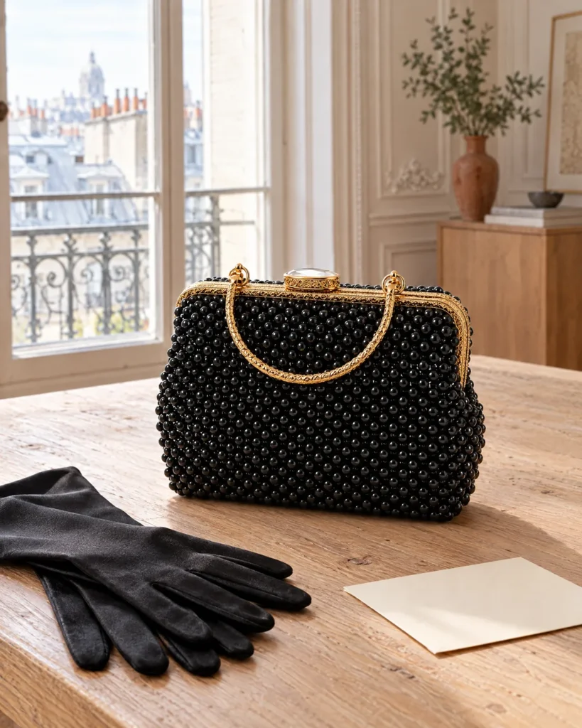 Black beaded bag — still life