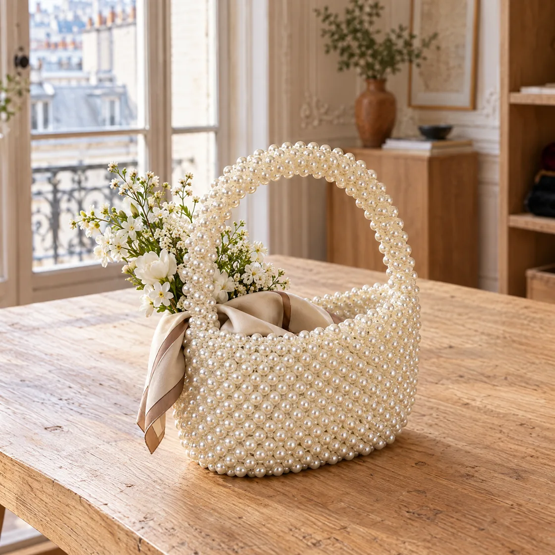 Sac seau en perles blanches — mise en valeur