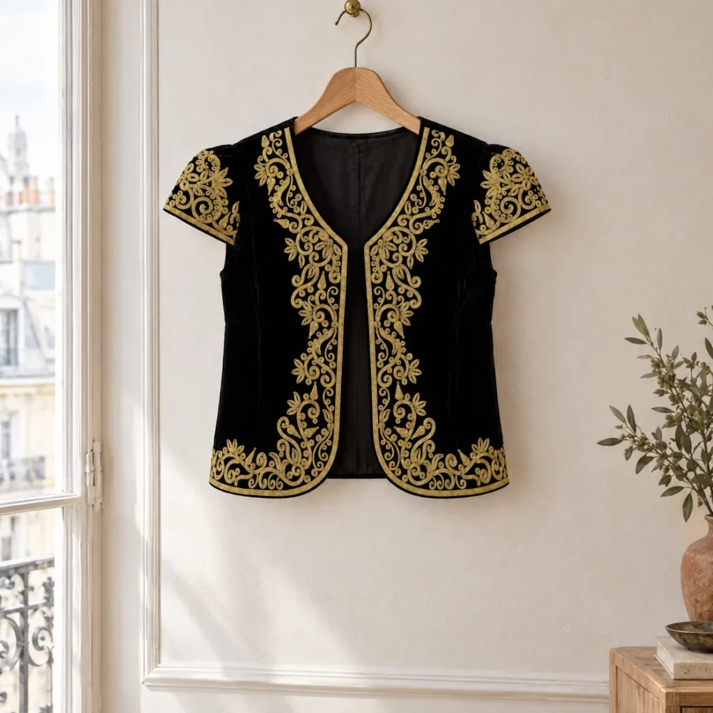 Gold-thread embroidered bolero — on a hanger, in the atelier