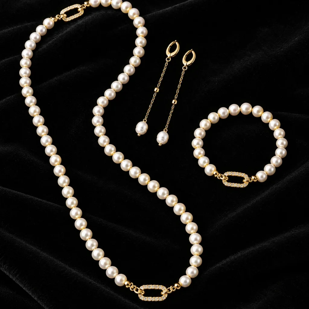 Cultured pearl necklace with gold-tone links — on velvet