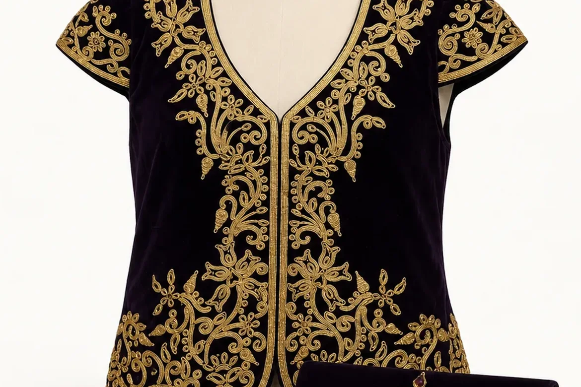 Ensemble boléro + pochette brodés or — détail de la broderie