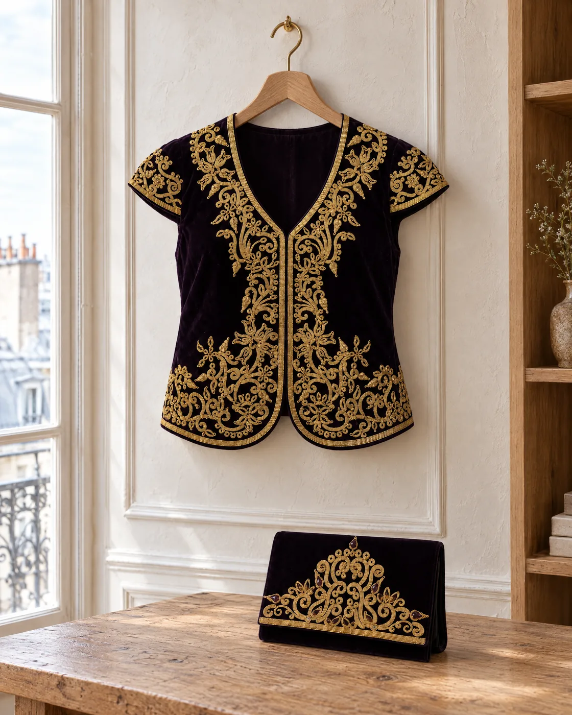 Ensemble boléro + pochette brodés or — à l’atelier