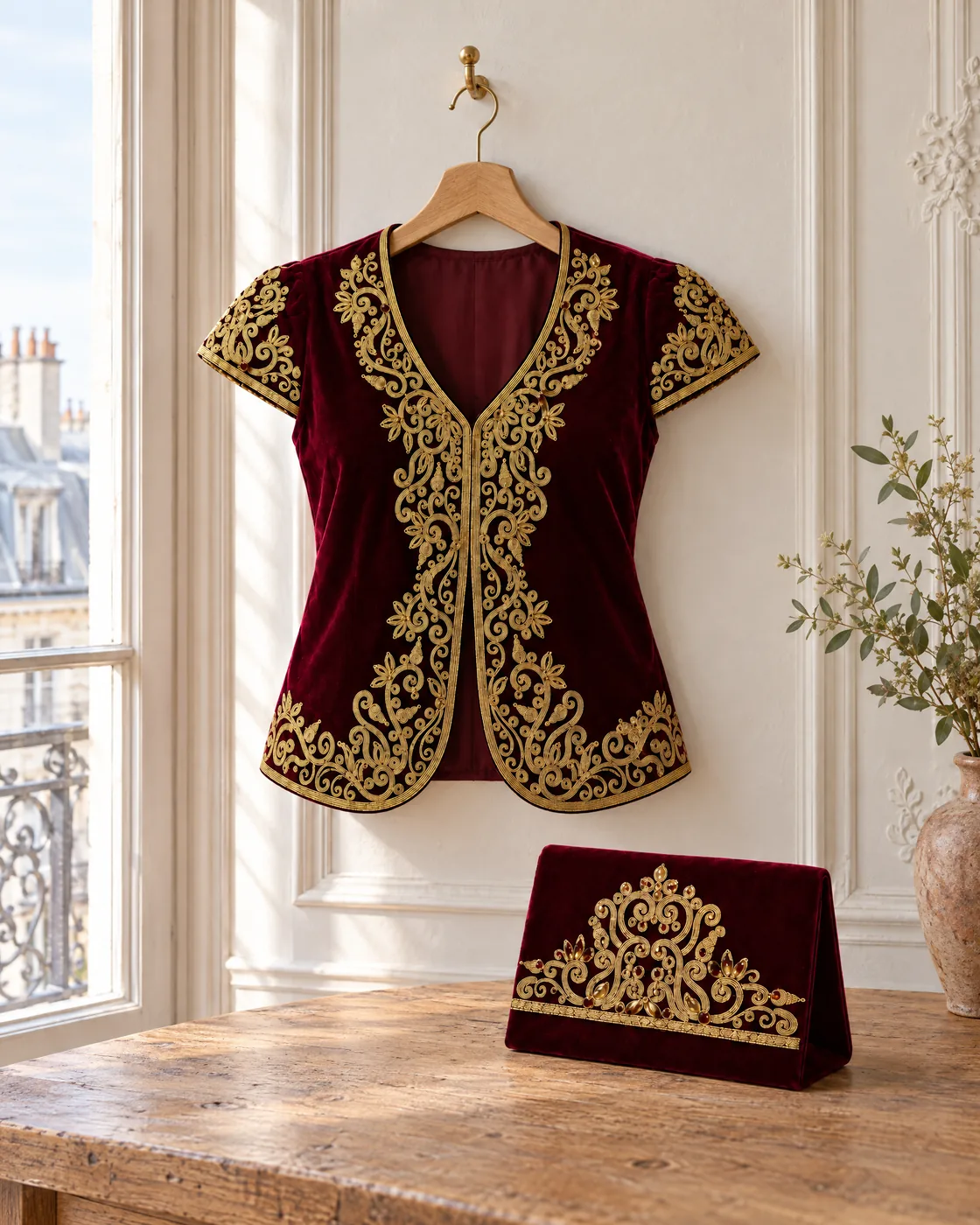 Ensemble boléro + pochette brodés or — à l’atelier