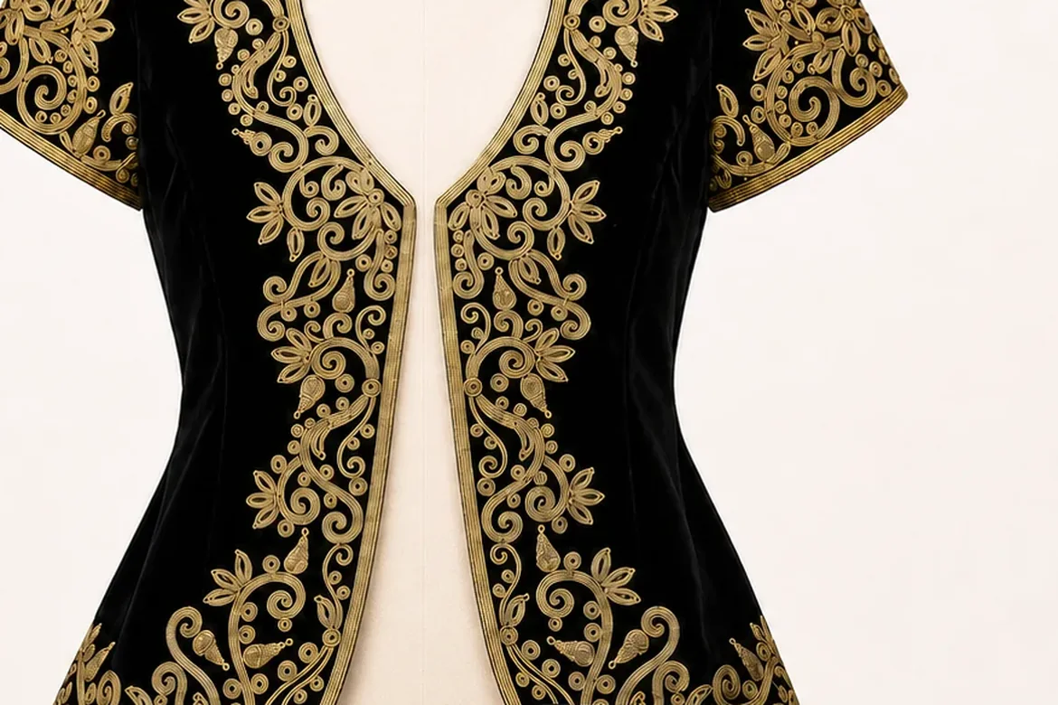 Ensemble boléro + pochette brodés or — détail de la broderie