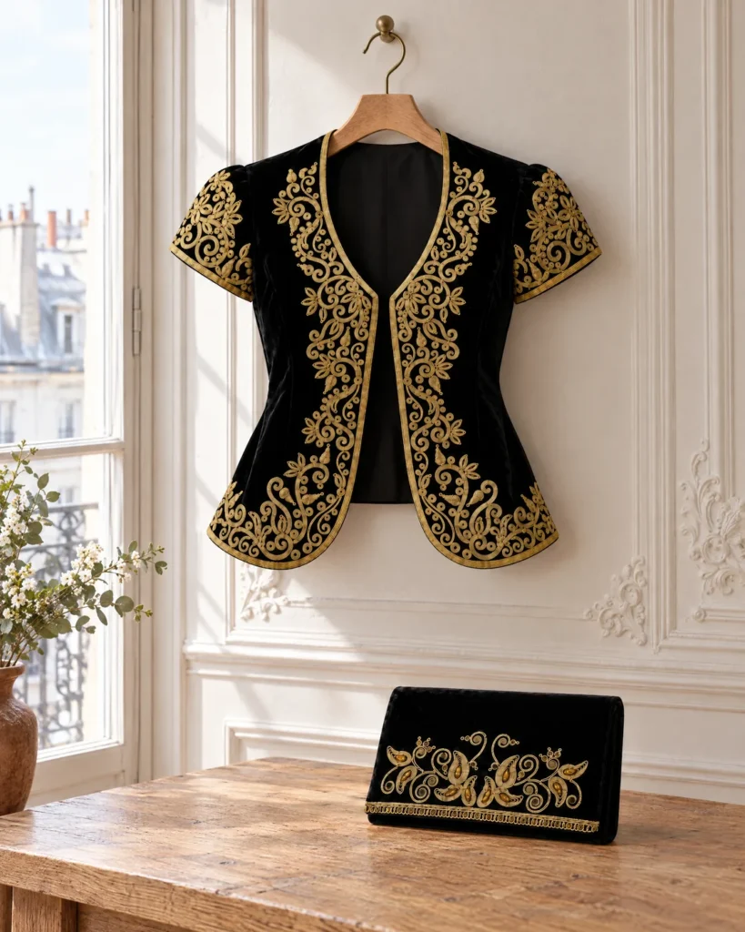 Gold-embroidered bolero and clutch set — in the atelier
