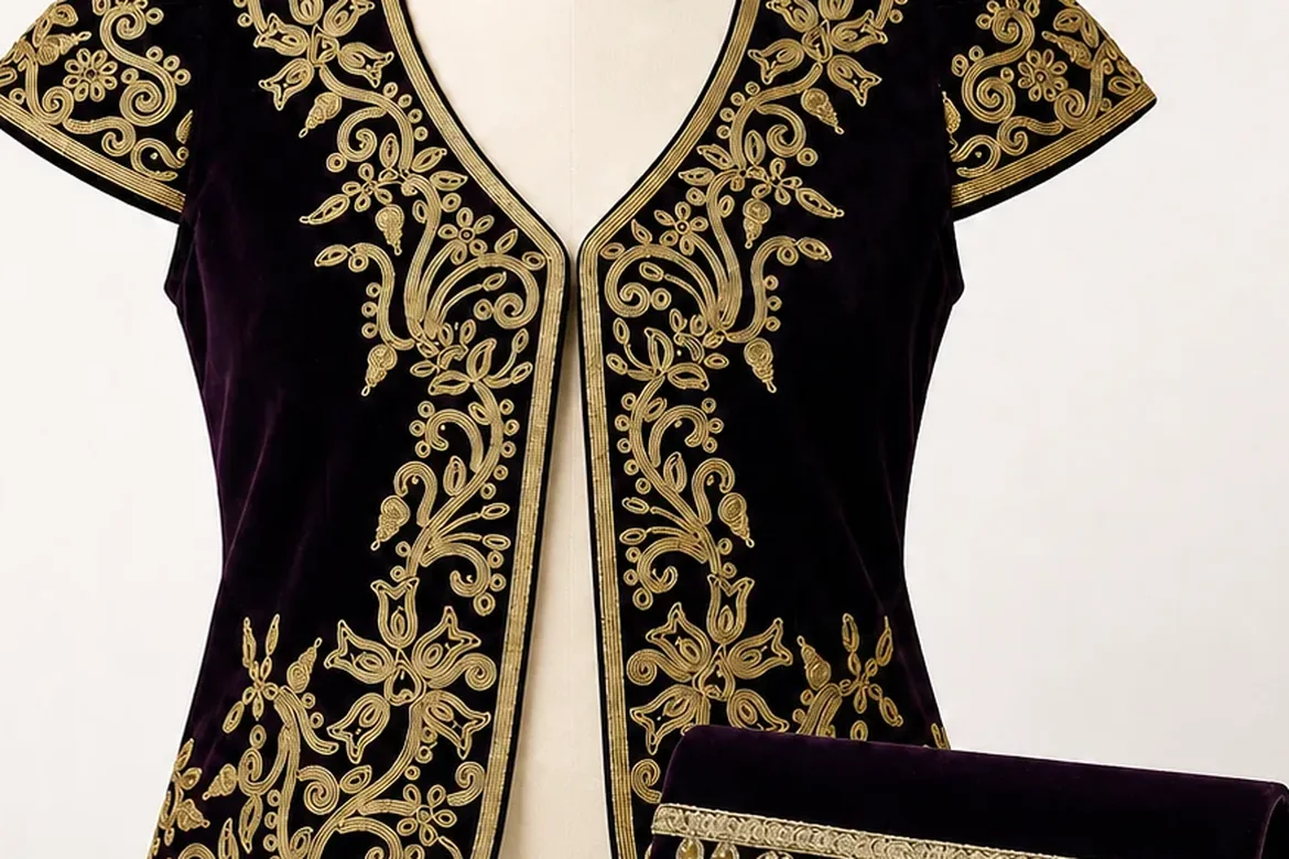 Ensemble boléro + pochette brodés or — détail de la broderie