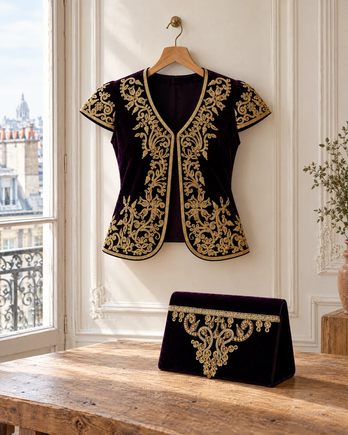 Ensemble boléro + pochette brodés or — à l’atelier