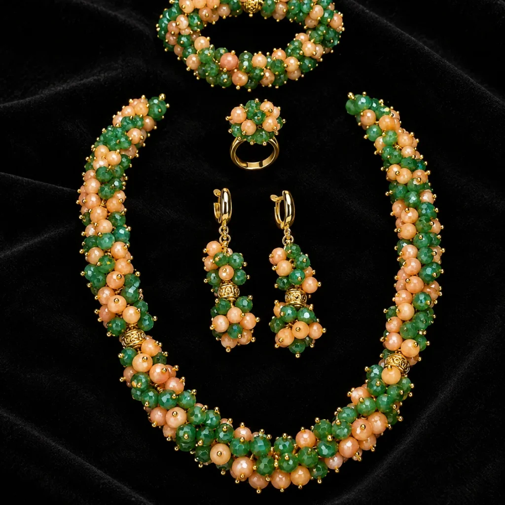 Green & peach crystal set — on velvet