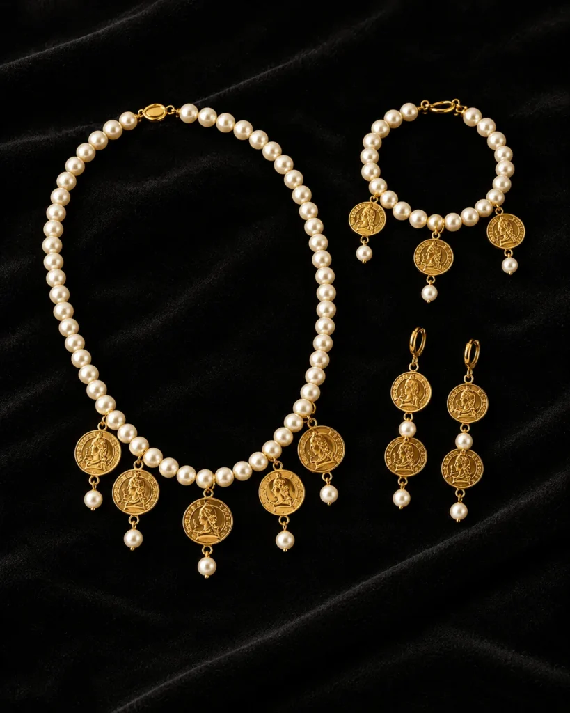White bead set with drop medallions — on velvet
