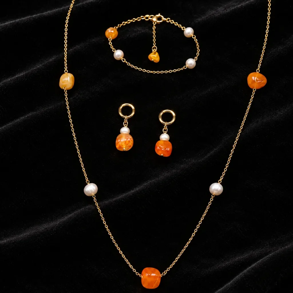 Orange stone & cultured pearl set — on velvet