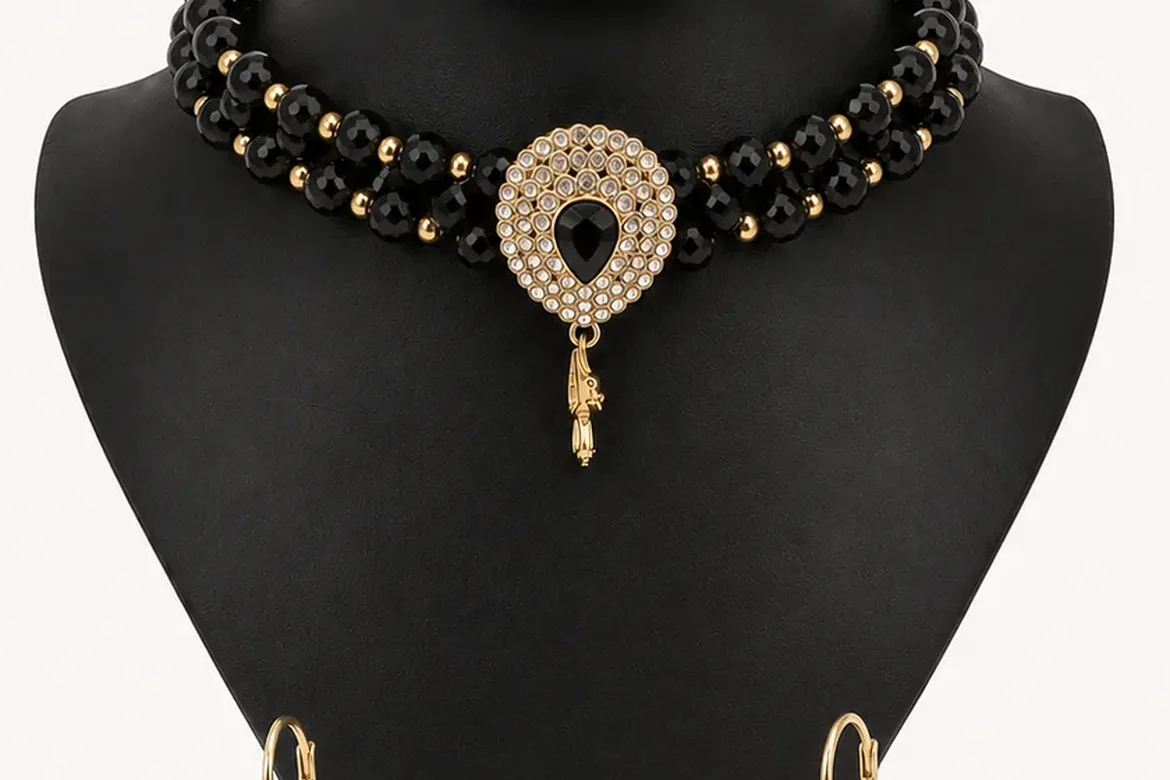 Parure ras-de-cou noir & or — détail