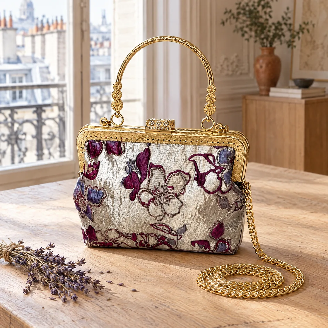 Pochette en brocart fleuri à chaîne — à l’atelier