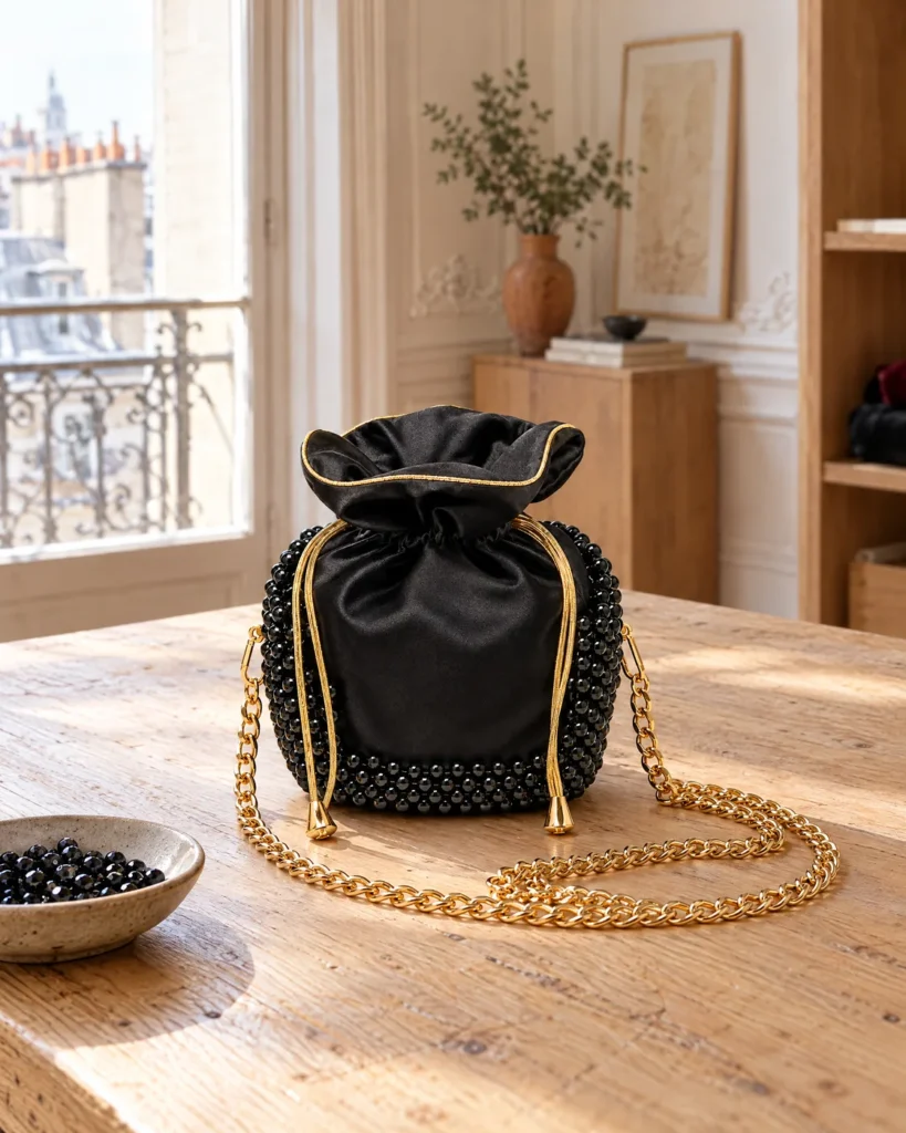 Beaded black satin pouch bag — in the atelier