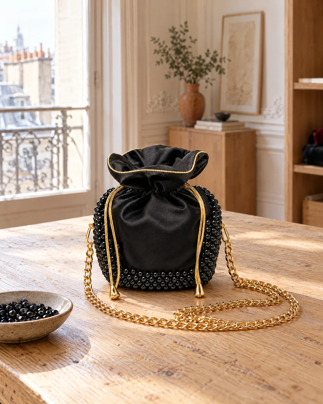 Sac bourse en satin noir perlé — à l’atelier