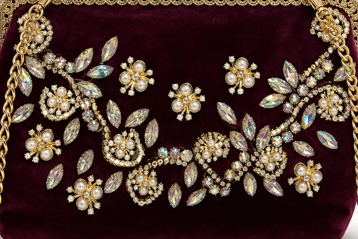 Sac de soirée en velours brodé perles & cristaux — détail