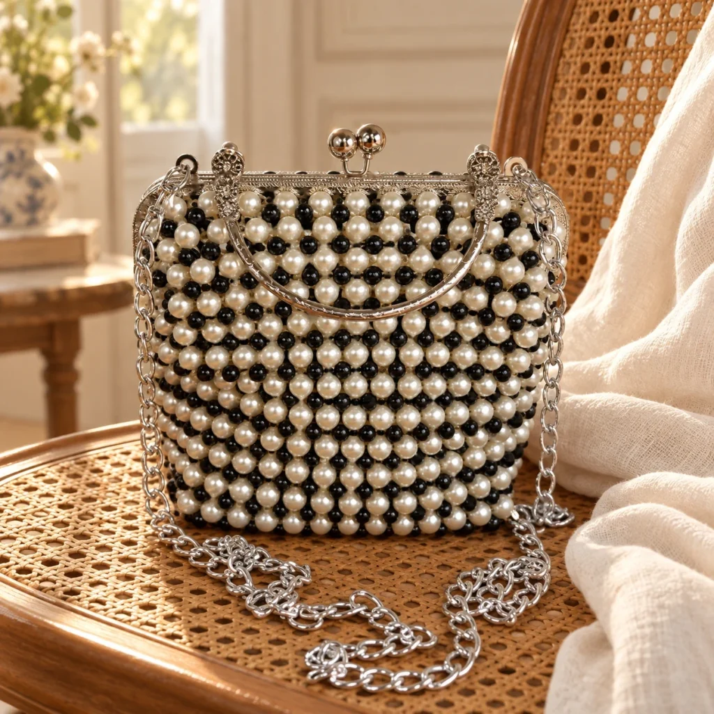 Black & white beaded bag — silver-tone handle and chain, shown in a setting