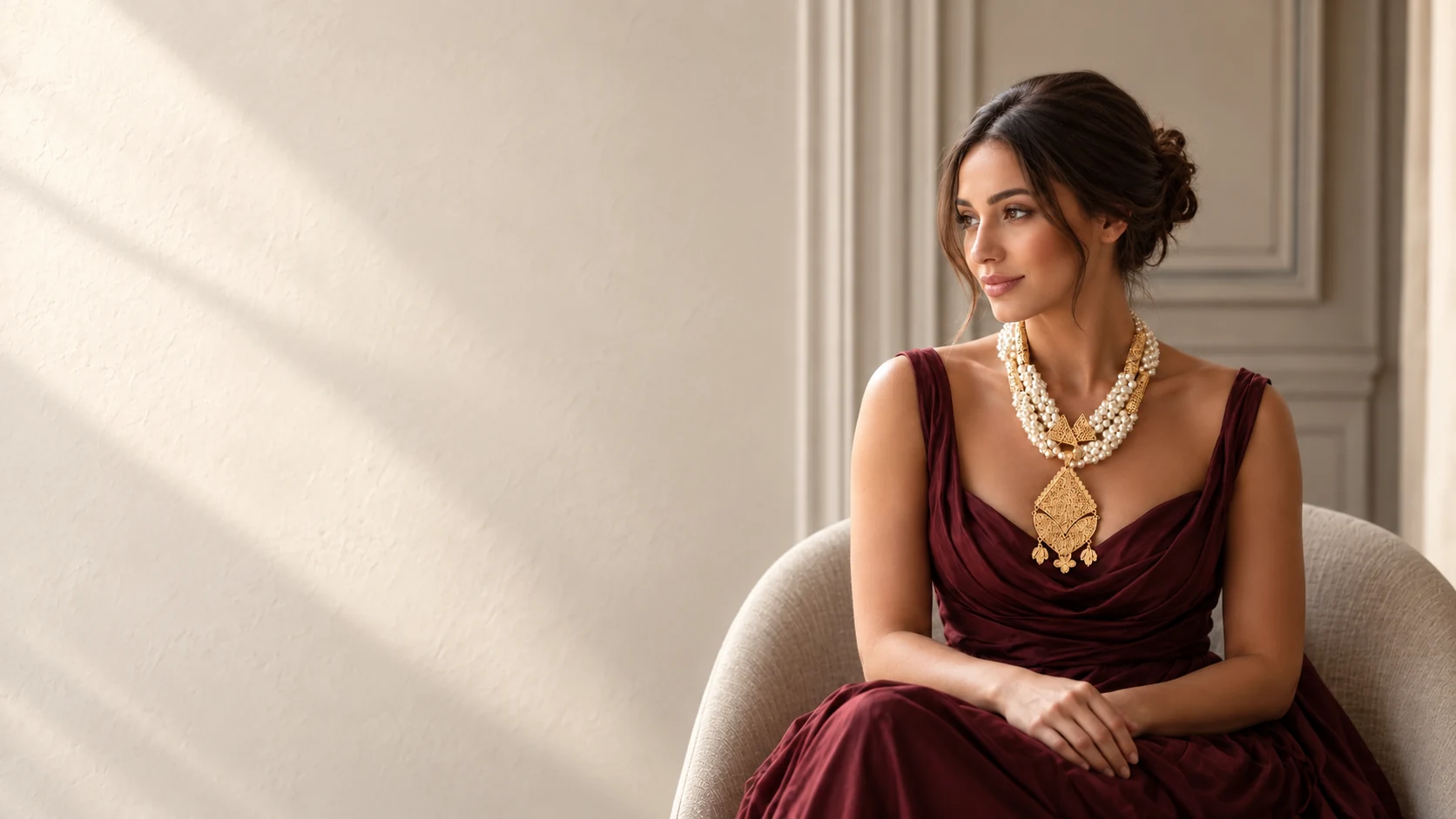 Campagne numérique HK Handmade : modèle en robe bordeaux portant un collier de perles et de filigrane doré.